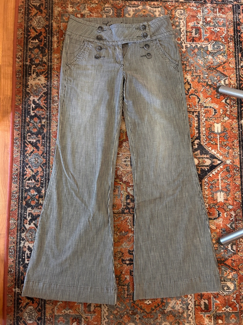 Anthropologie Level 99 Navy & White Pinstripe Wide Leg Pants